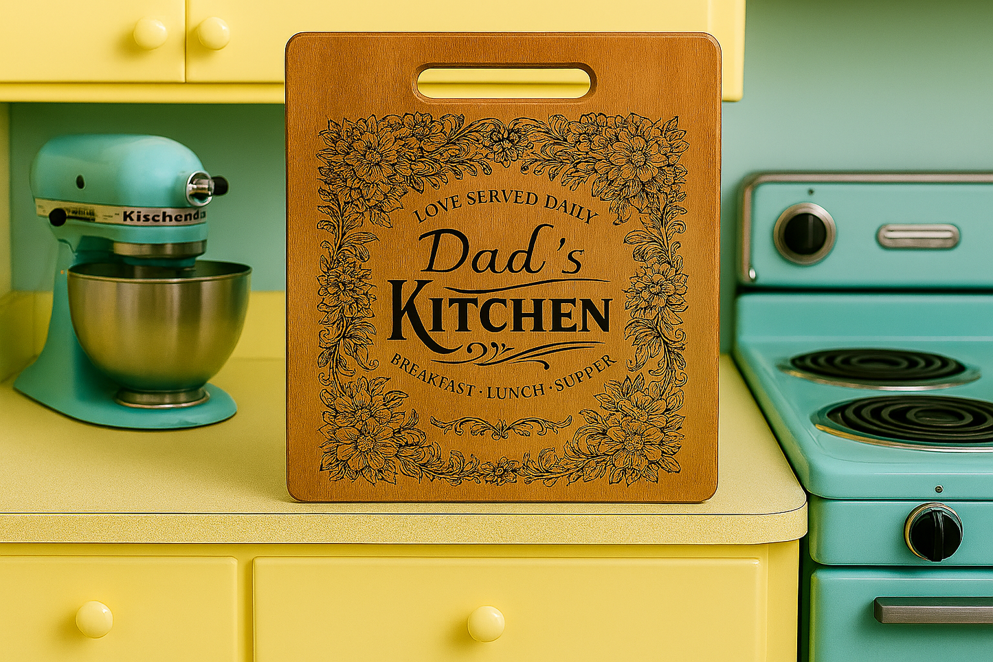 Dad's Kitchen Flowers Chopping Board – Laser Engraved Bamboo