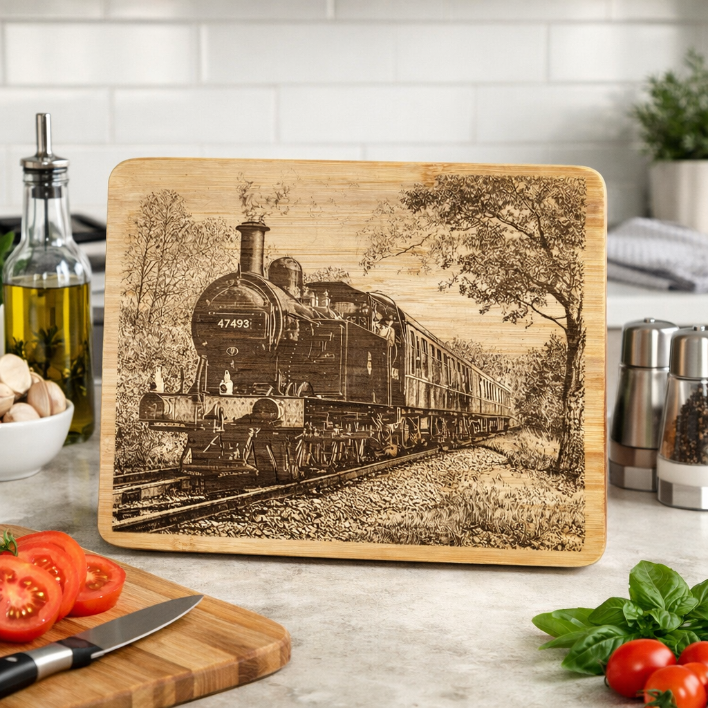 Steam Train Bamboo Chopping Board — Unique Gift for Train Enthusiasts