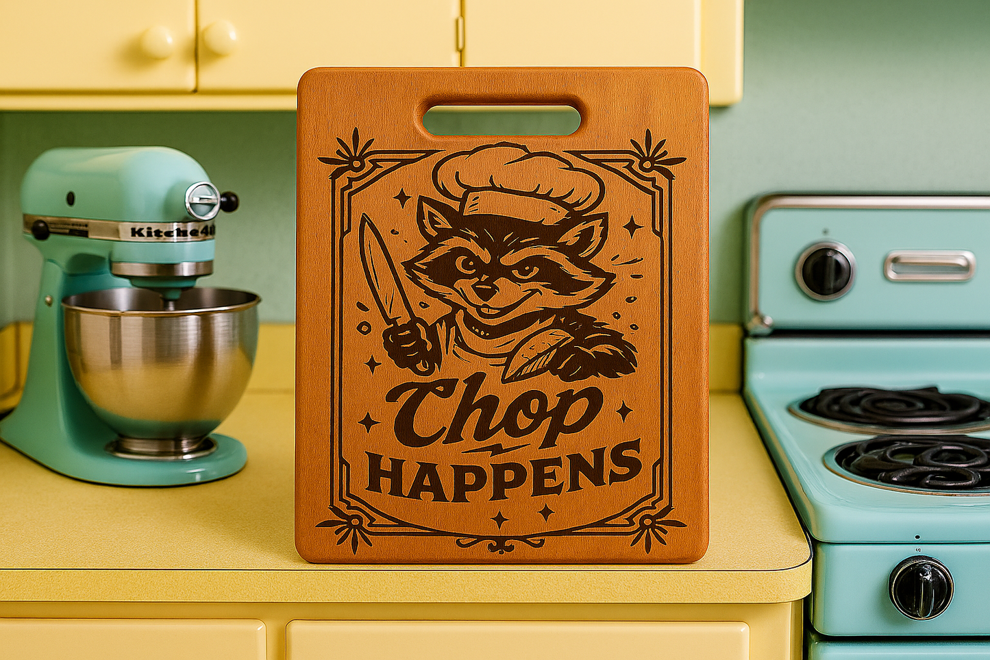 Chop Happens Funny Bamboo Chopping Board — Humorous Kitchen Gift
