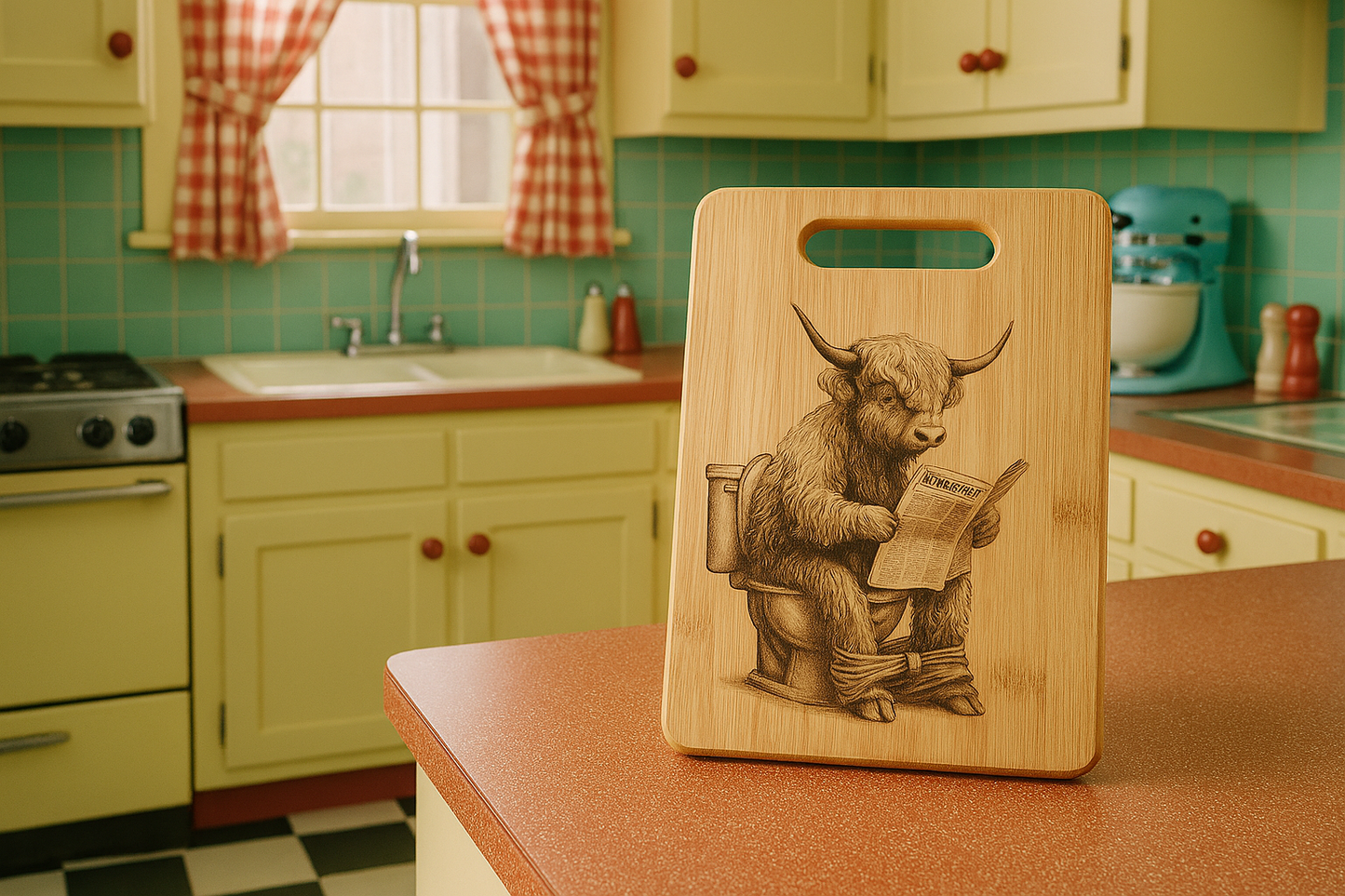 Highland Cow on toilet - Chopping Board