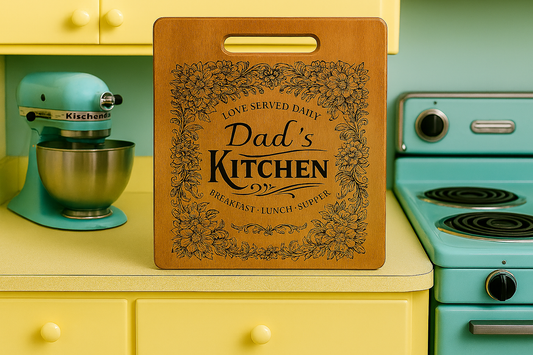 Dad's Kitchen Flowers Chopping Board – Laser Engraved Bamboo