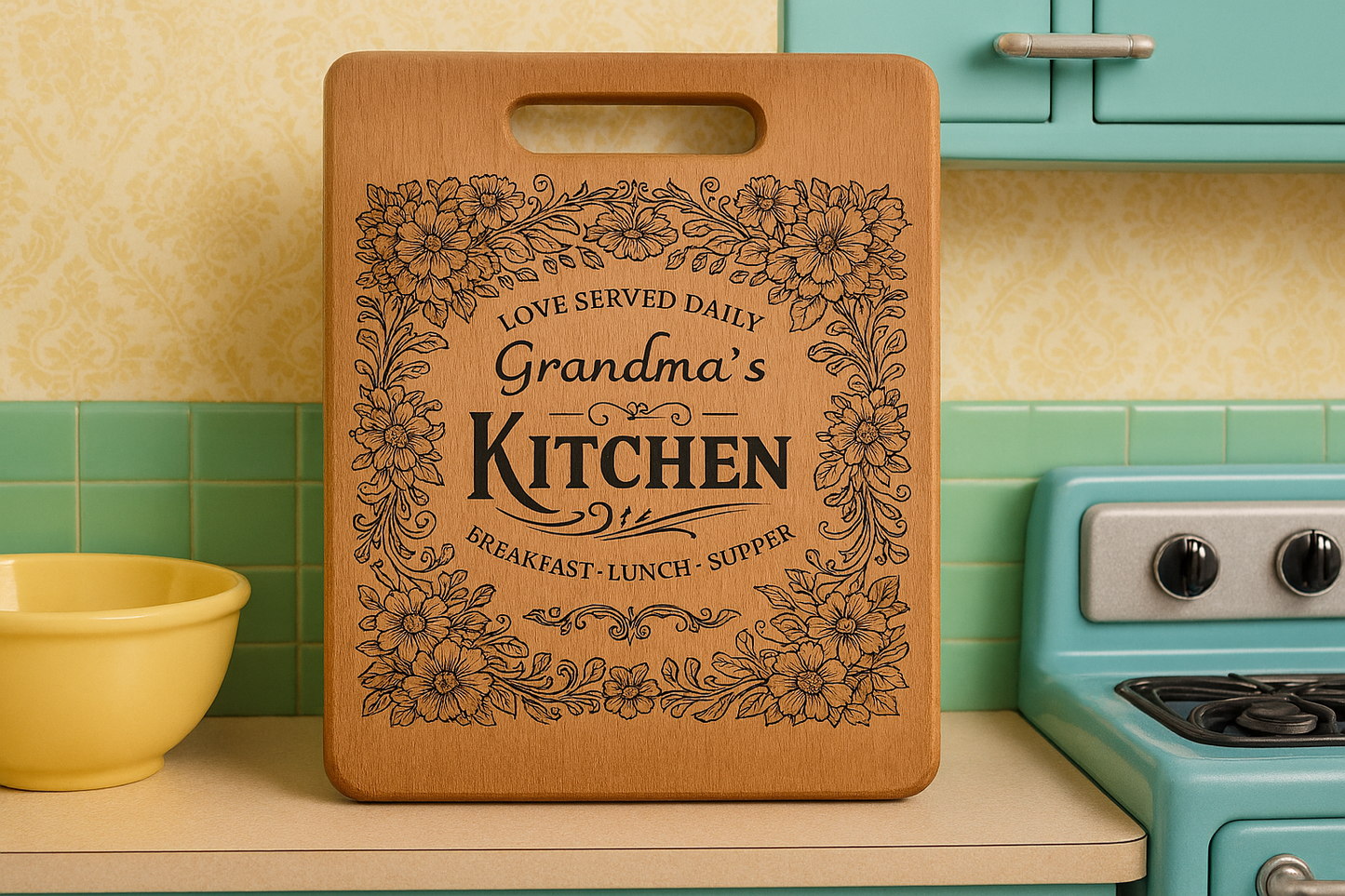Grandma`s Kitchen Flowers Chopping Board – Laser Engraved Bamboo