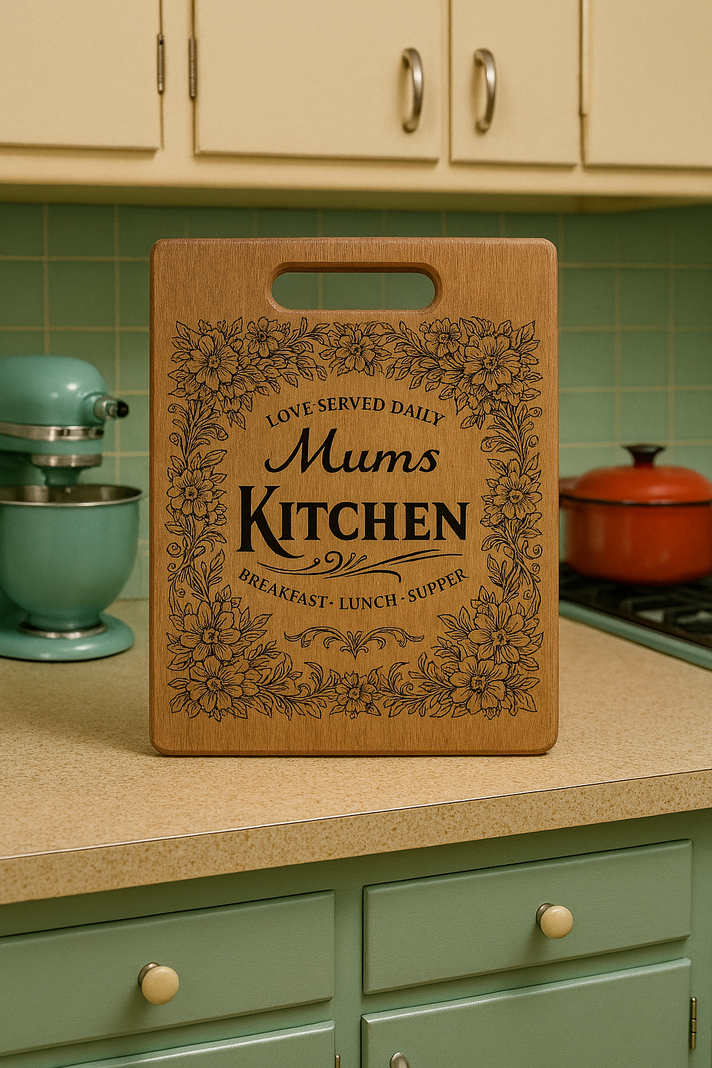 Mum's Kitchen Flowers Chopping Board – Laser Engraved Bamboo