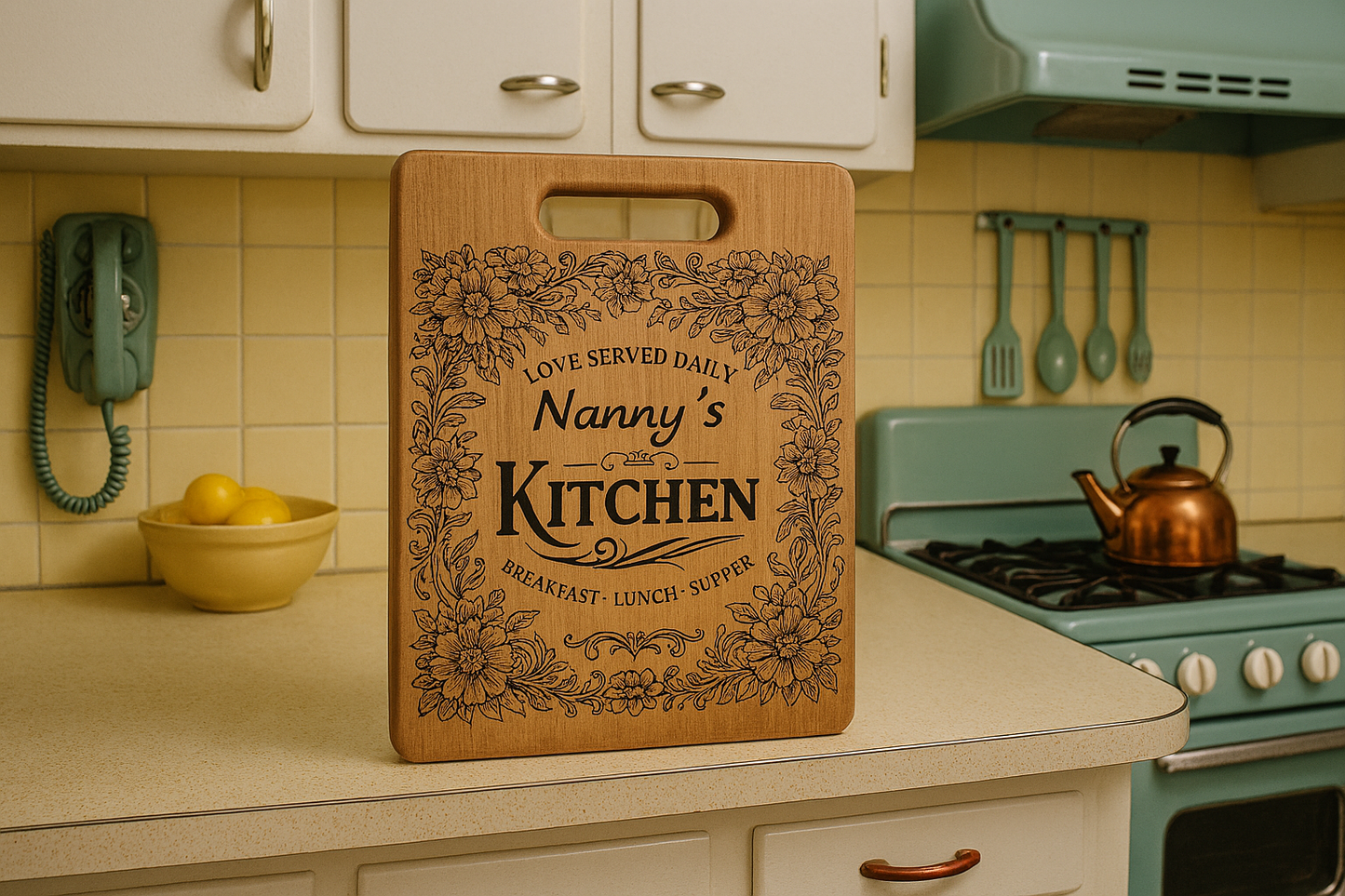 Nannys Kitchen Flowers Chopping Board –  Laser Engraved Bamboo