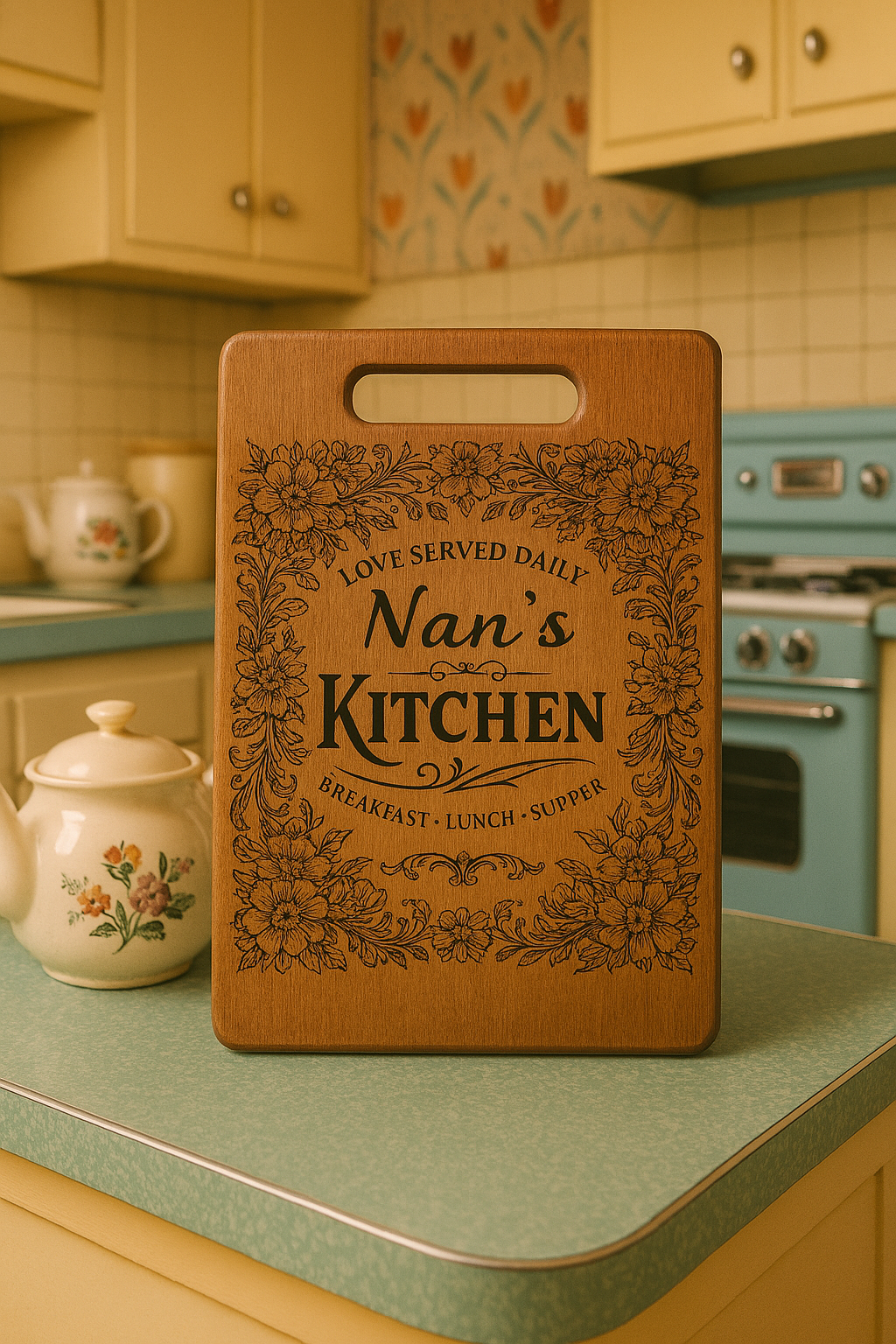 Nans Kitchen Flowers Chopping Board – Laser Engraved Bamboo